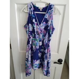 Women's blue hummingbird summer dress Floral flowy v-neck colorful lightweight